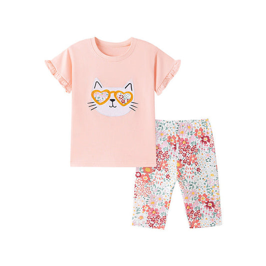 MyKids-USA® Summer Hot Selling Baby Kids Girls Short Sleeves Cartoon Pattern T-shirt and Floral Pants Clothing Set