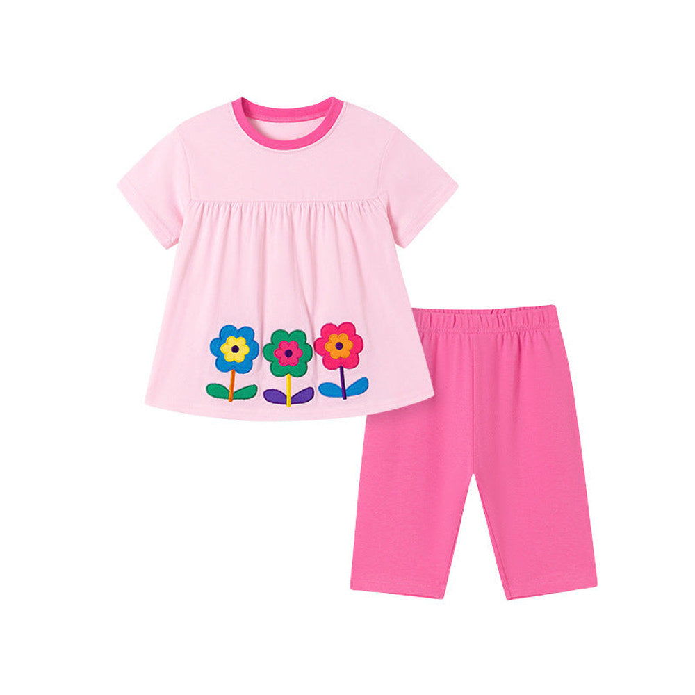 MyKids-USA® Summer Hot Selling Baby Kids Girls Short Sleeves Flowers Pattern T-shirt and Plain Pants Clothing Set