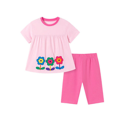 MyKids-USA® Summer Hot Selling Baby Kids Girls Short Sleeves Flowers Pattern T-shirt and Plain Pants Clothing Set
