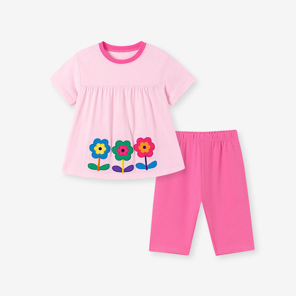 MyKids-USA® Summer Hot Selling Baby Kids Girls Short Sleeves Flowers Pattern T-shirt and Plain Pants Clothing Set