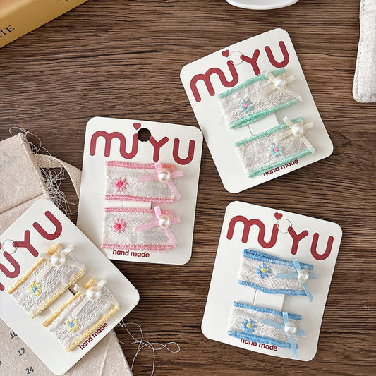 MyKids-USA® Collection of 2 Versatile Cute Flowers Embroidered Cloth Design Hair Clips