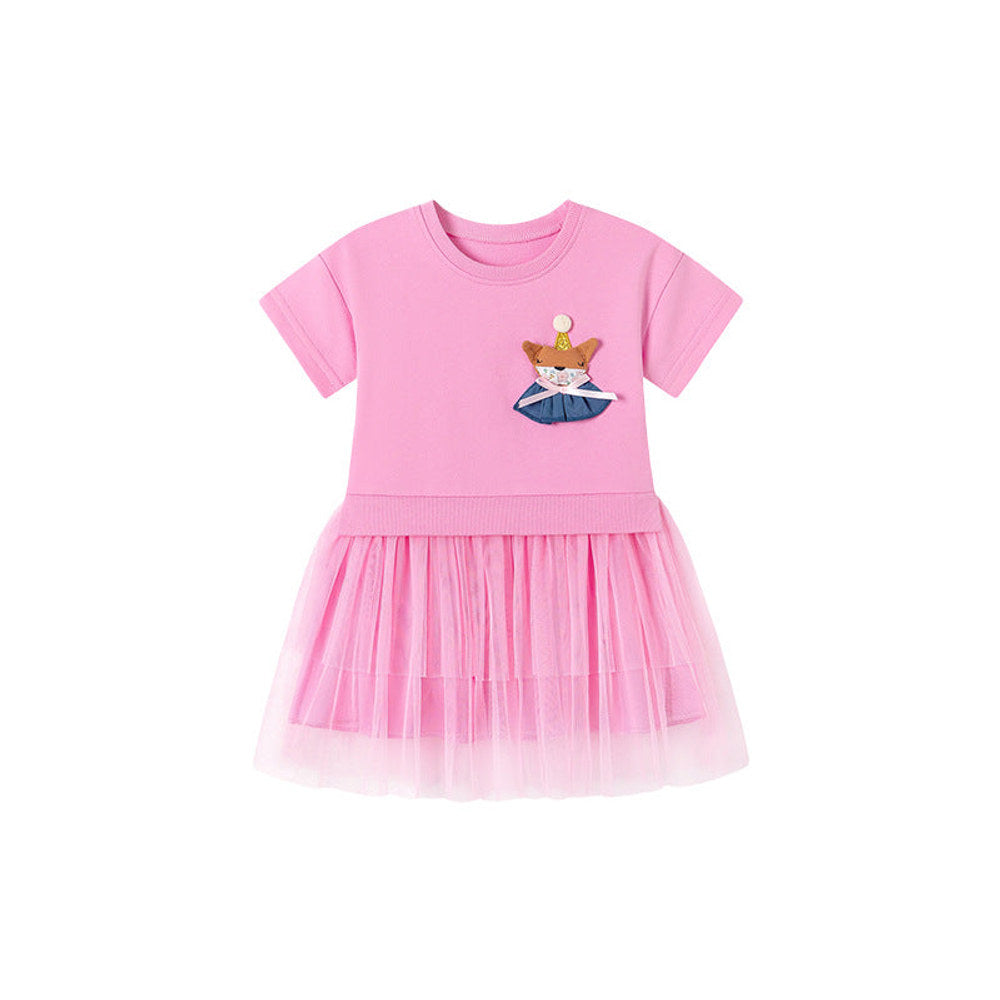 MyKids-USA® Cartoon Pattern Short Sleeves Tulle Patchwork Dress for Stylish Girls