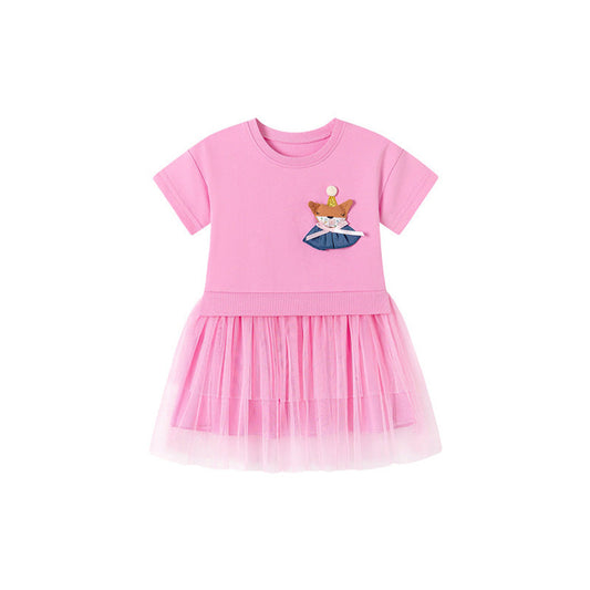 MyKids-USA® Summer Arrival Cartoon Pattern Short Sleeves Tulle Patchwork Dress for Stylish Girls