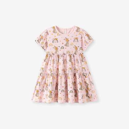 MyKids-USA® Summer Arrival Cartoon Pattern Short Sleeves Crew Neck Dress for Stylish Girls