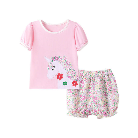 MyKids-USA® Summer Hot Selling Baby Kids Girls Short Sleeves Cartoon Pattern T-shirt and Floral Shorts Clothing Set