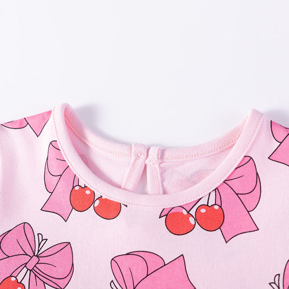 MyKids-USA® Summer Arrival Butterfly-bows and Fruits Pattern Short Sleeves Crew Neck Dress for Stylish Girls