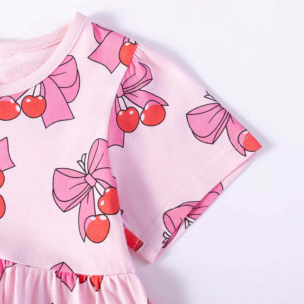 MyKids-USA® Summer Arrival Butterfly-bows and Fruits Pattern Short Sleeves Crew Neck Dress for Stylish Girls