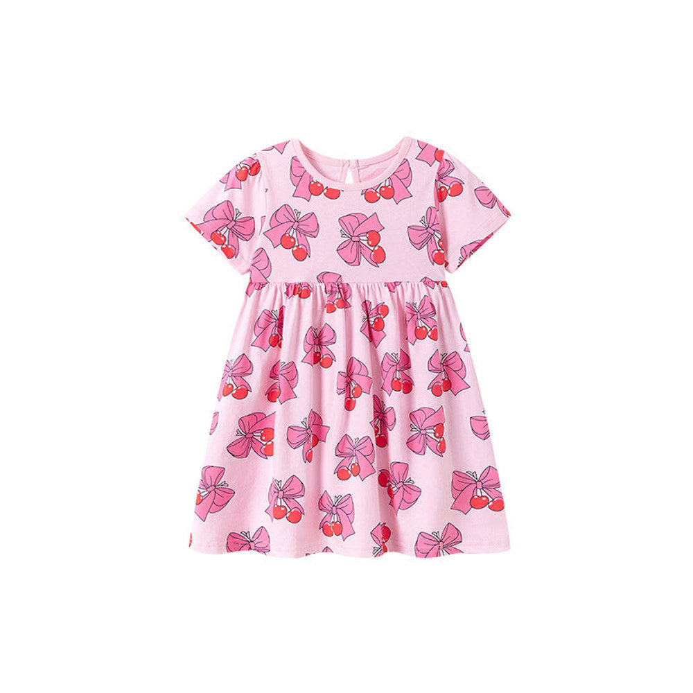 MyKids-USA® Summer Arrival Butterfly-bows and Fruits Pattern Short Sleeves Crew Neck Dress for Stylish Girls