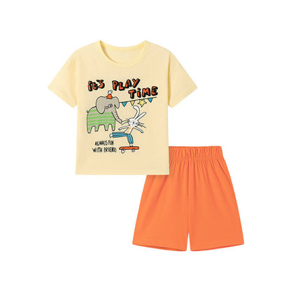 MyKids-USA® Summer Hot Selling Baby Kids Girls Short Sleeves Cartoon Pattern T-shirt and Plain Shorts Clothing Set