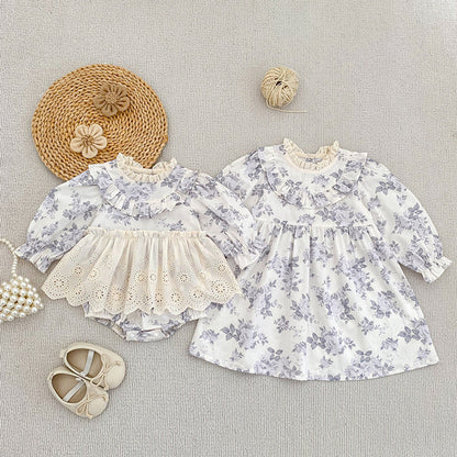 MyKids-USA® Flowers Pattern Baby Kids Girls Onesies and Dress – Princess Sister Matching Set