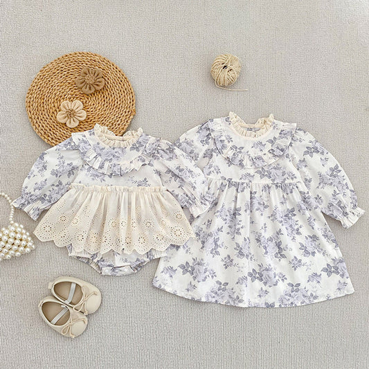 MyKids-USA® Arrival Spring and Autumn Flowers Pattern Baby Kids Girls Onesies and Dress – Princess Sister Matching Set