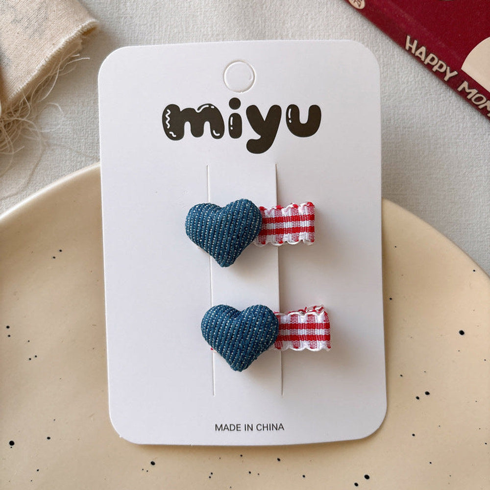 MyKids-USA® Collection of 2 Versatile Plaid Pattern and Heart Decorated Hair Clips