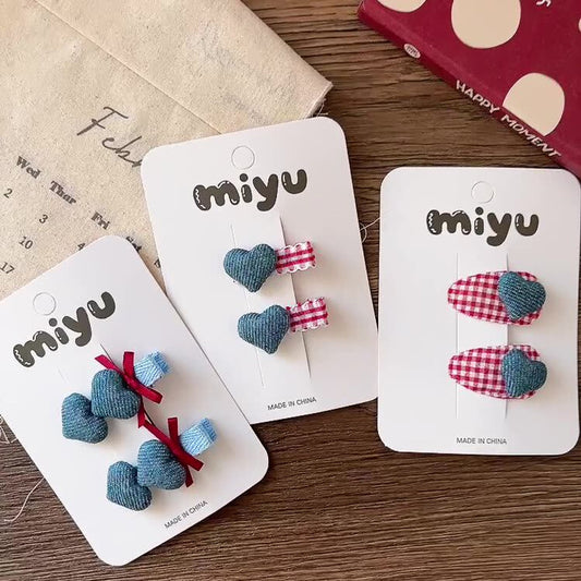 MyKids-USA® Collection of 2 Versatile Plaid Pattern and Heart Decorated Hair Clips