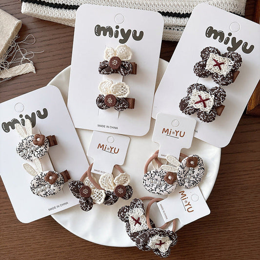 MyKids-USA® Collection of 2 Versatile Cute Shape and Lace Decorated Hair Ties and Hair Clips