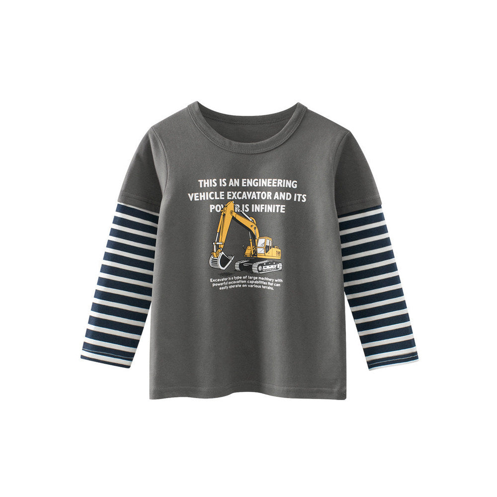 MyKids-USA® Baby Kids Boys Letters and Cartoon Print Striped Long Sleeves Crew Neck Color Patchwork Top Shirt