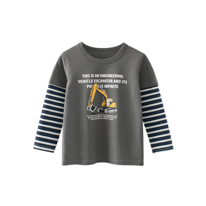 MyKids-USA® Baby Kids Boys Letters and Cartoon Print Striped Long Sleeves Crew Neck Color Patchwork Top Shirt