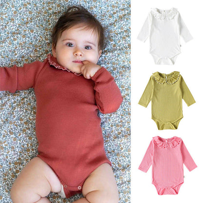 MyKids-USA® Baby Girls Long Sleeves Solid Color Bodysuit with Collar