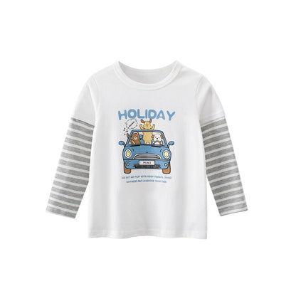 MyKids-USA® Baby Kids Unisex Letters and Cartoon Print Striped Long Sleeves Crew Neck Top Shirt