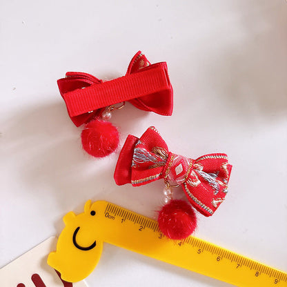 MyKids-USA® Collection of 2 Red Year Kids’ Hair Accessories – Pearl Tassel and Pom-Pom Clips for Traditional Outfits