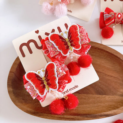 MyKids-USA® Collection of 2 Red Year Kids’ Hair Accessories – Pearl Tassel and Pom-Pom Clips for Traditional Outfits