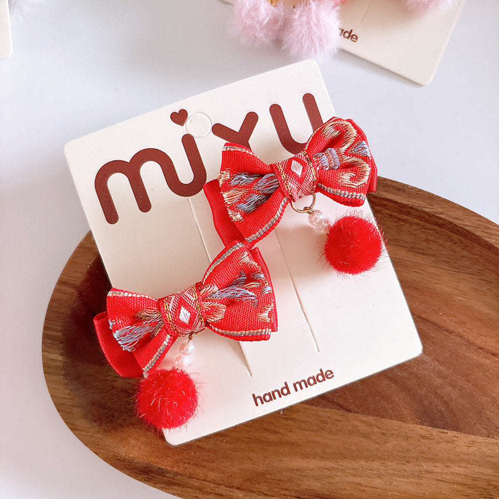 MyKids-USA® Collection of 2 Red Year Kids’ Hair Accessories – Pearl Tassel and Pom-Pom Clips for Traditional Outfits