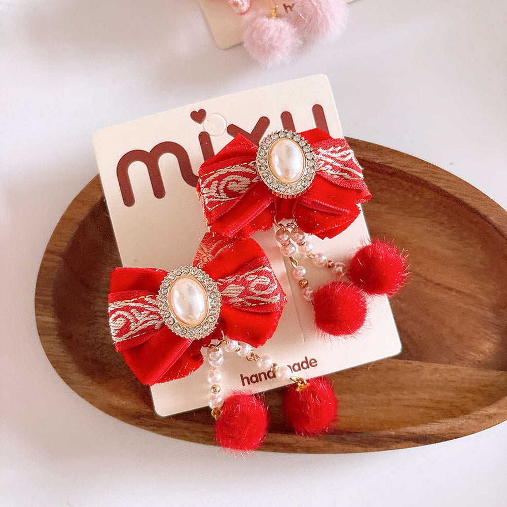 MyKids-USA® Collection of 2 Red Year Kids’ Hair Accessories – Pearl Tassel and Pom-Pom Clips for Traditional Outfits