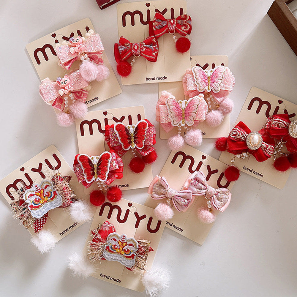 MyKids-USA® Collection of 2 Red Year Kids’ Hair Accessories – Pearl Tassel and Pom-Pom Clips for Traditional Outfits