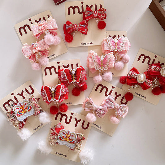 MyKids-USA® Collection of 2 Red Year Kids’ Hair Accessories – Pearl Tassel and Pom-Pom Clips for Traditional Outfits