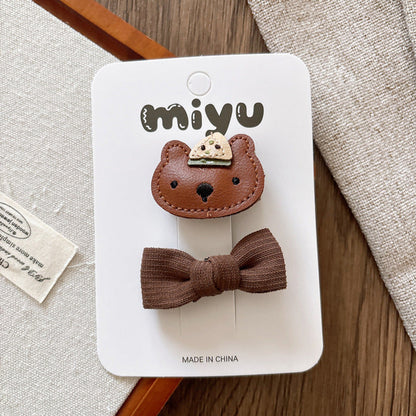 MyKids-USA® Collection of 2 Hair Clips – Adorable Small Fabric Bow Hair Clips and Leather Cartoon Accessories