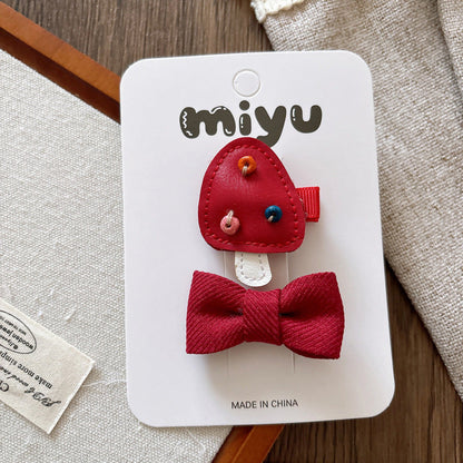 MyKids-USA® Collection of 2 Hair Clips – Adorable Small Fabric Bow Hair Clips and Leather Cartoon Accessories