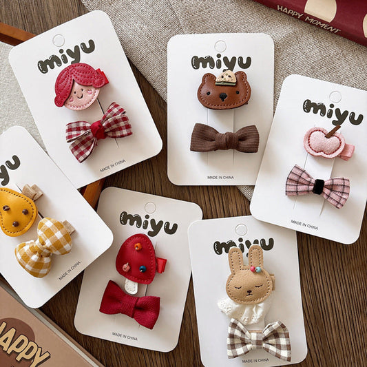 MyKids-USA® Collection of 2 Hair Clips – Adorable Small Fabric Bow Hair Clips and Leather Cartoon Accessories
