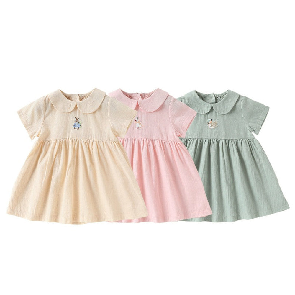MyKids-USA® Baby Girls Short Sleeves Cartoon Embroidered Pattern Dress