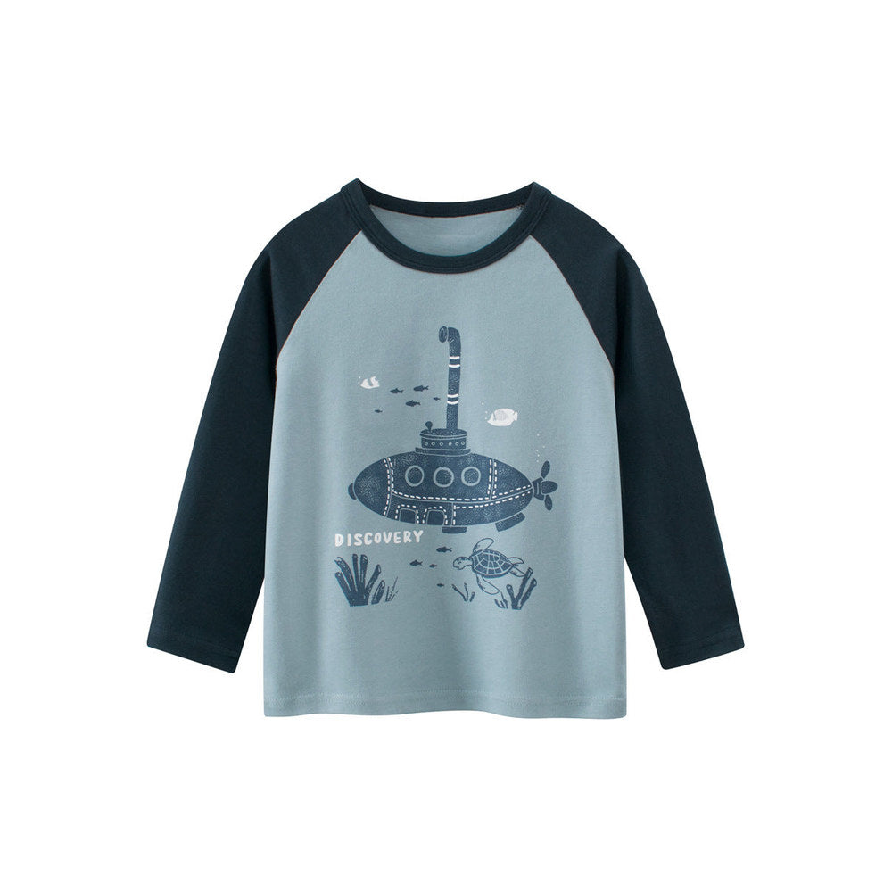 MyKids-USA® Baby Kids Boys Letters and Cartoon Print Long Sleeves Crew Neck Color Patchwork Top