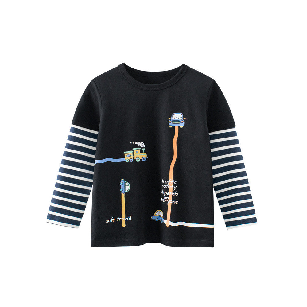 MyKids-USA® Baby Kids Boys Letters and Cartoon Print Striped Long Sleeves Crew Neck Top
