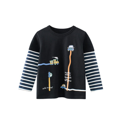 MyKids-USA® Baby Kids Boys Letters and Cartoon Print Striped Long Sleeves Crew Neck Top