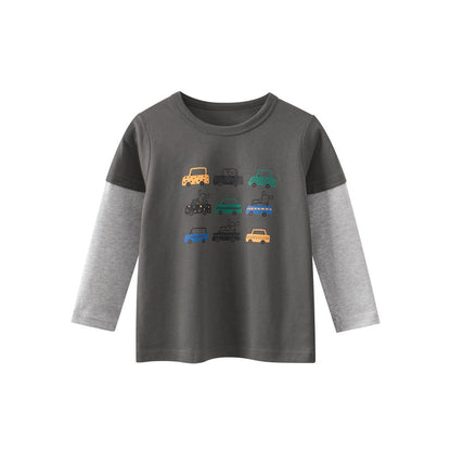 MyKids-USA® Baby Kids Boys Cars Cartoon Print Long Sleeves Crew Neck Color Patchwork Top