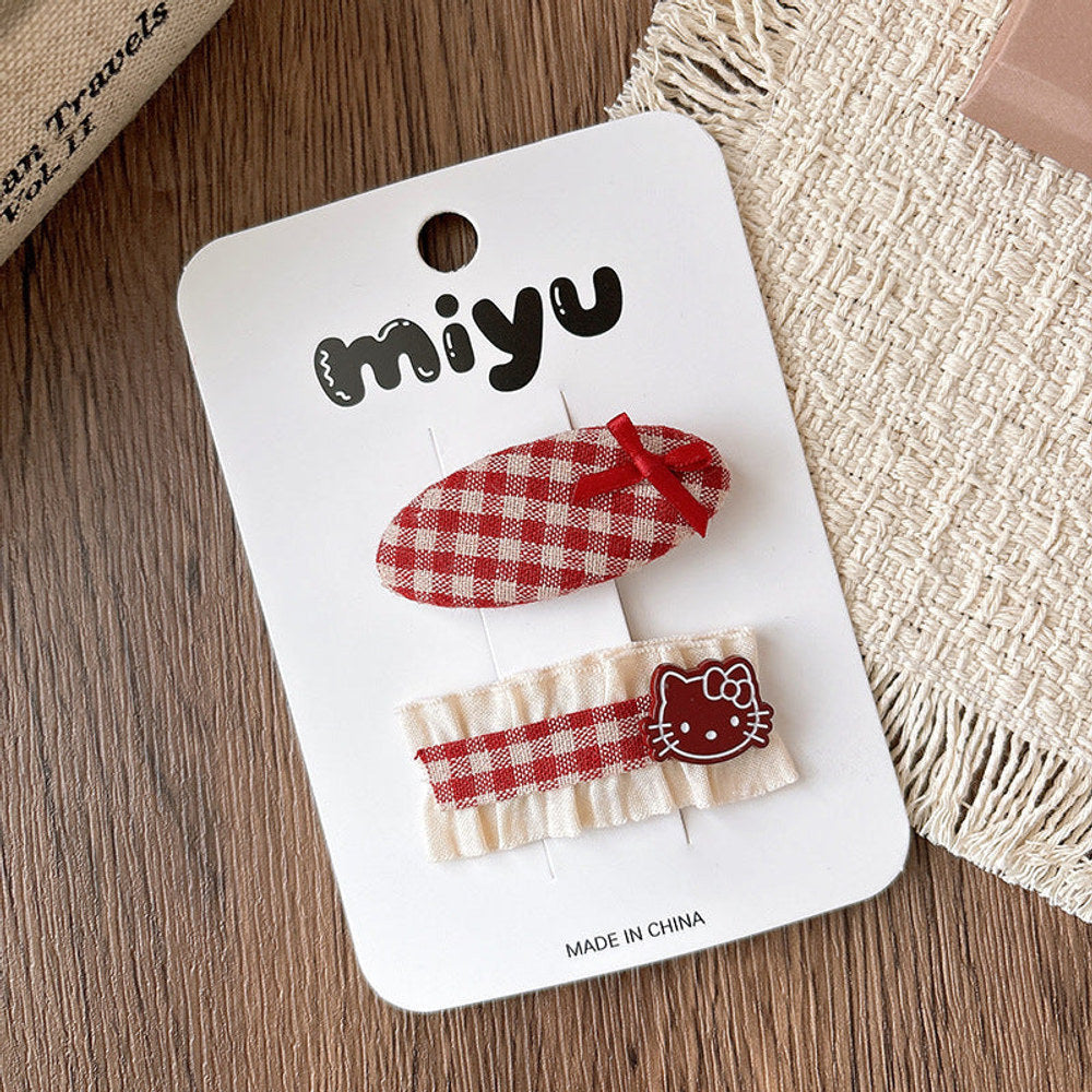 MyKids-USA® Collection of 2 Cute Red Color Plaid or Cartoon Pattern Hair Clips