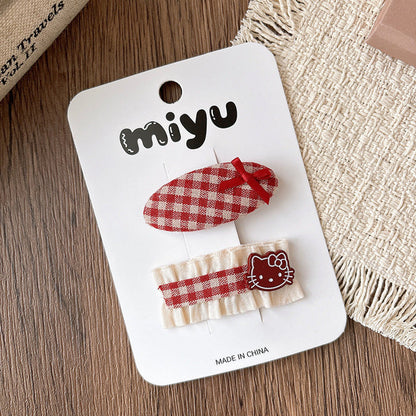 MyKids-USA® Collection of 2 Cute Red Color Plaid or Cartoon Pattern Hair Clips
