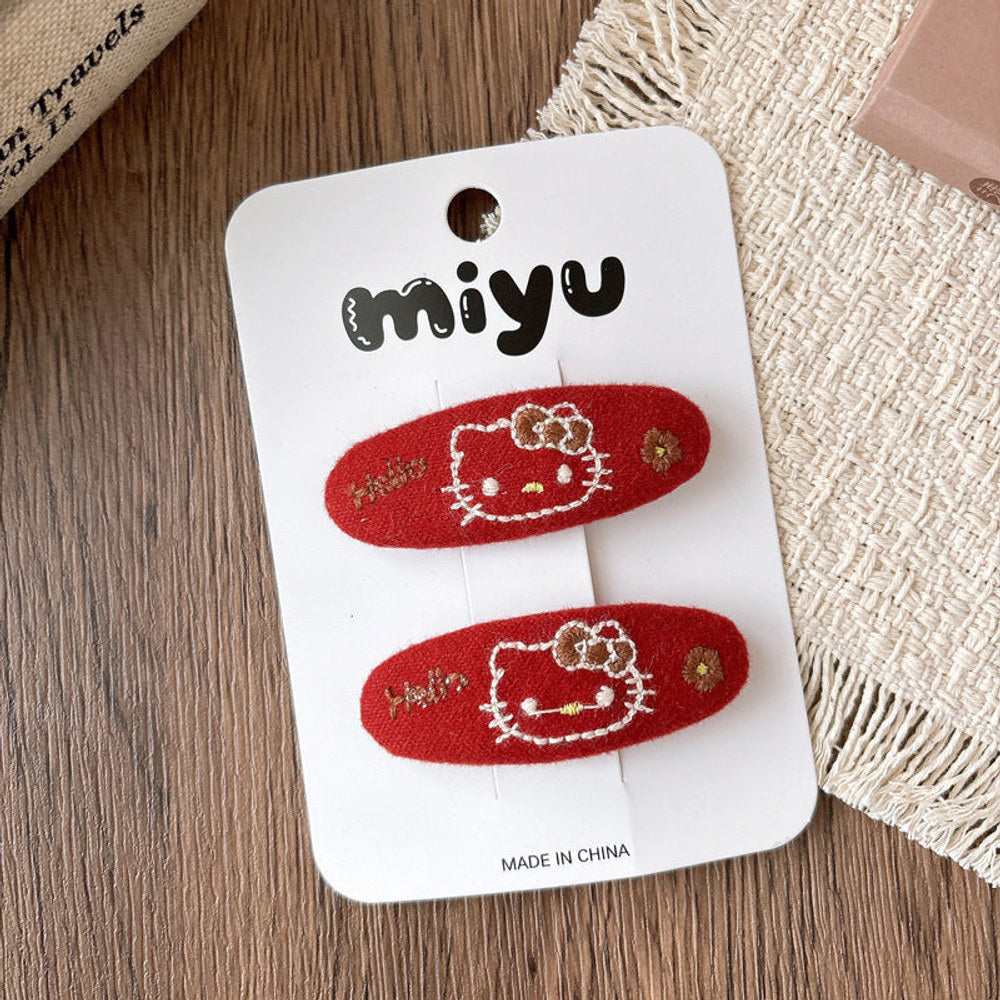 MyKids-USA® Collection of 2 Cute Red Color Plaid or Cartoon Pattern Hair Clips