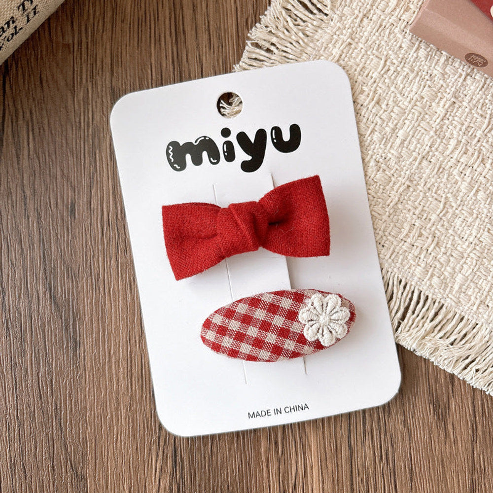 MyKids-USA® Collection of 2 Cute Red Color Plaid or Cartoon Pattern Hair Clips