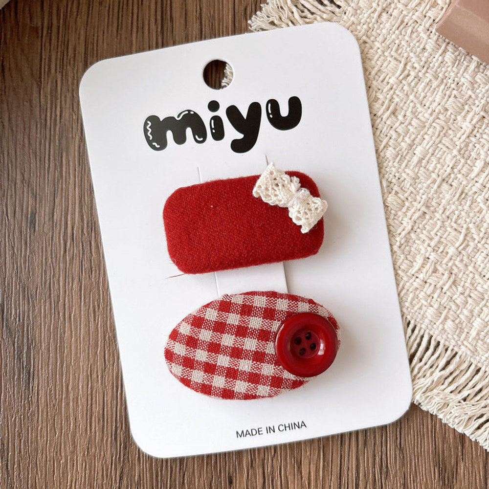 MyKids-USA® Collection of 2 Cute Red Color Plaid or Cartoon Pattern Hair Clips