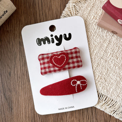 MyKids-USA® Collection of 2 Cute Red Color Plaid or Cartoon Pattern Hair Clips