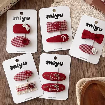 MyKids-USA® Collection of 2 Cute Red Color Plaid or Cartoon Pattern Hair Clips