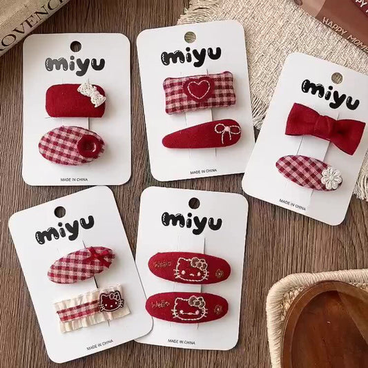 MyKids-USA® Collection of 2 Cute Red Color Plaid or Cartoon Pattern Hair Clips