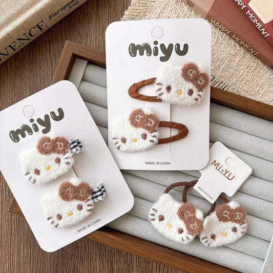 MyKids-USA® Collection of 2 Cute Cartoon Kitty Pattern Hair Clips or Hair Ties