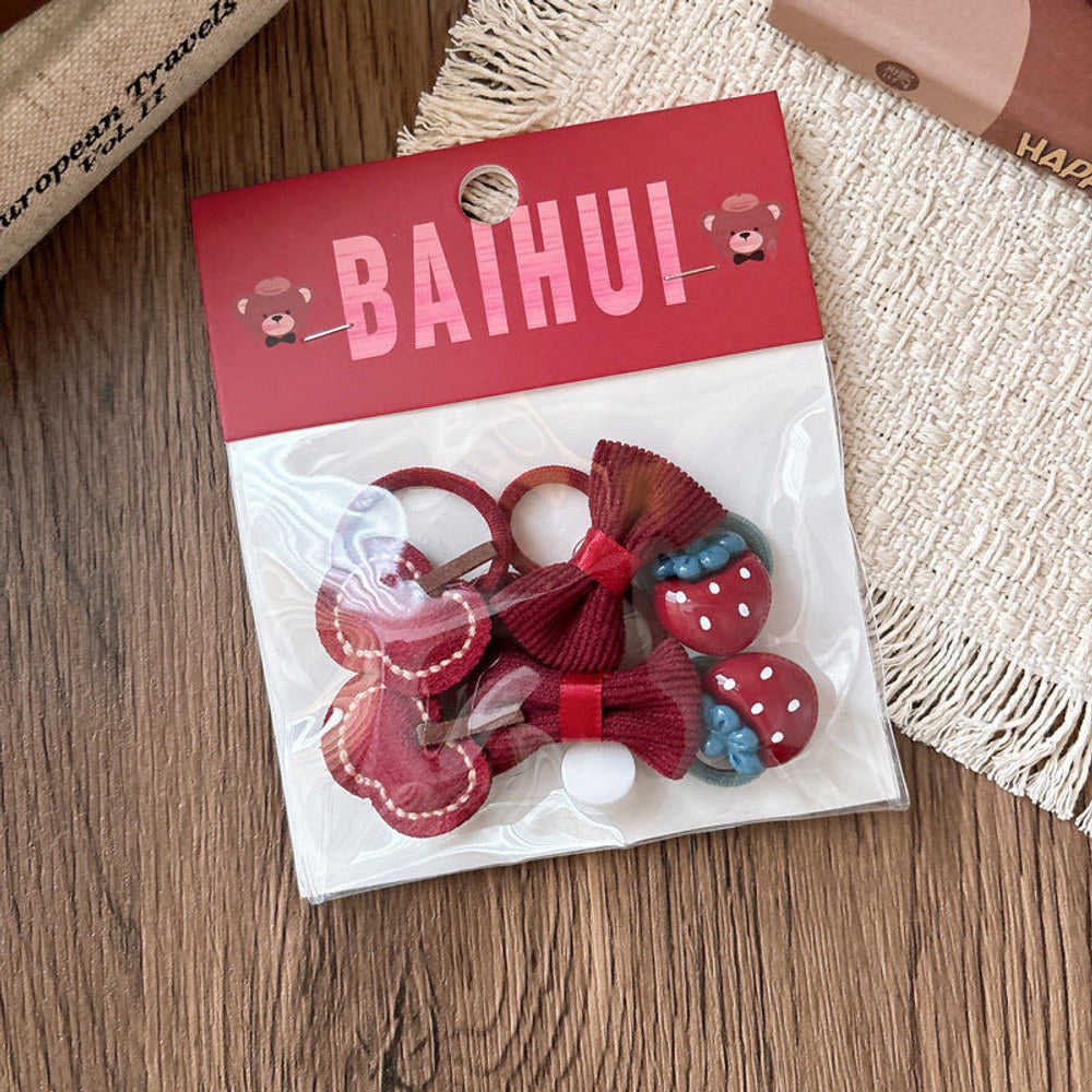 MyKids-USA® Collection of 5-6 Pieces Cute Red Color Various Pattern Hair Ties