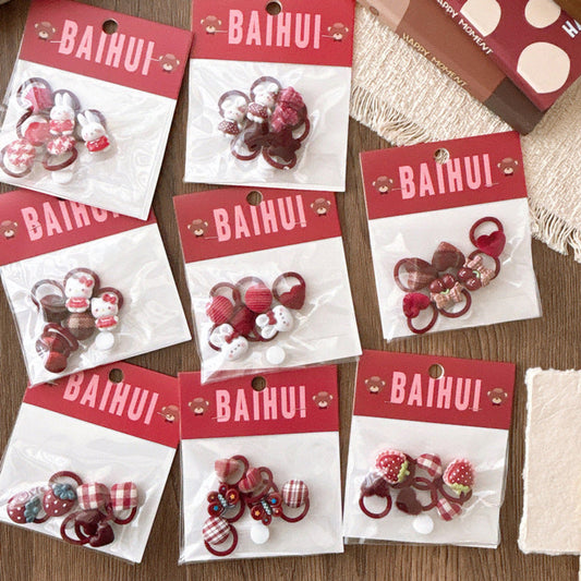 MyKids-USA® Collection of 5-6 Pieces Cute Red Color Various Pattern Hair Ties