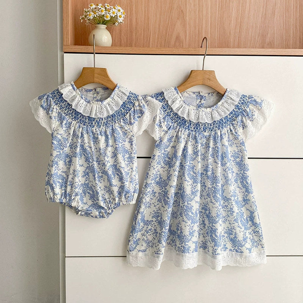 MyKids-USA® Girls Simple Floral Pattern Hollow-out Collar Onesies and Dress – Princess Sister Matching Set