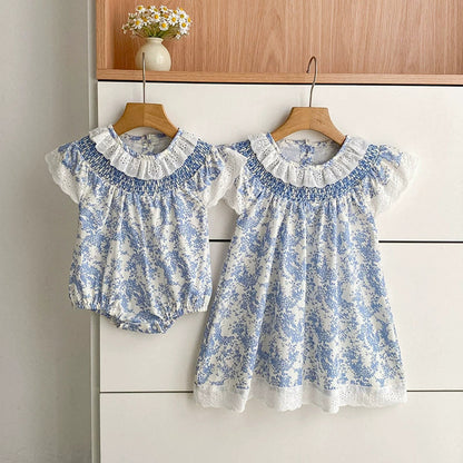 MyKids-USA® Girls Simple Floral Pattern Hollow-out Collar Onesies and Dress – Princess Sister Matching Set