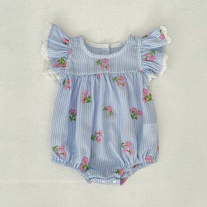 MyKids-USA® Girls Simple Flowers and Striped Pattern Crew Neck Onesies and Dress – Princess Sister Matching Set